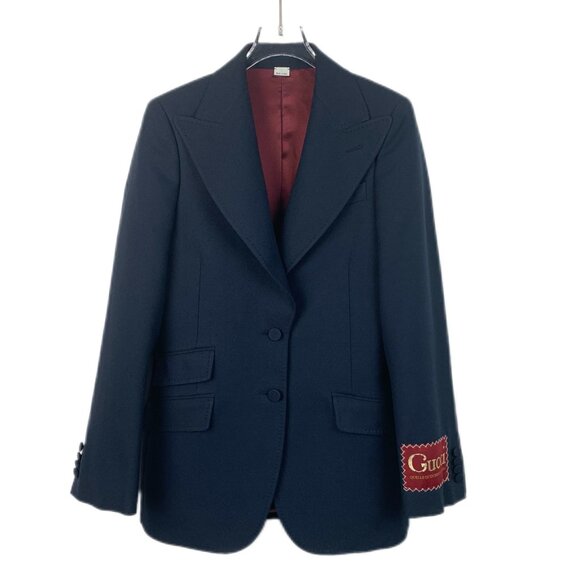 Gucci Navy Blue Logo Embroidered Collar Blazer